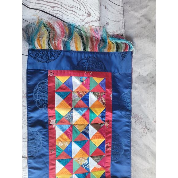 Silk Multi Color Triangle Quilted Table Runner With Fringe Possibly Handmade 36" - Picture 7 of 13